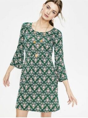 Boden Miriam Jersey Tunic Dress Green Floral Bell Sleeve sz 6